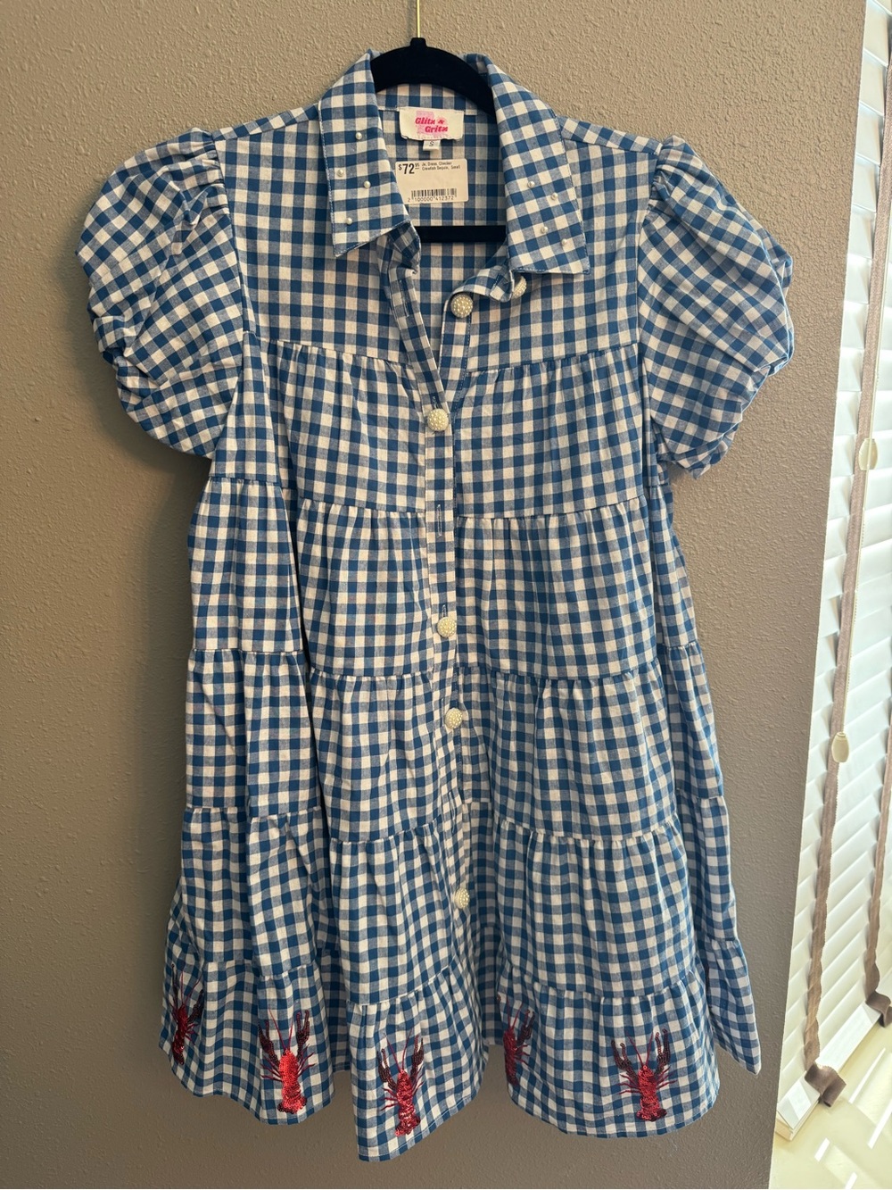 Blue Gingham Button-Front ladies Dress with red sequin lobster s